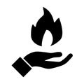 Hand holds fire solid icon. Palm and fire vector illustration isolated on white. Flame in palm glyph style design