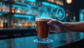 Hand holds foamy chocolate drink at sleek bar counter. Blue holographic AI display projects interactive menu options, data Royalty Free Stock Photo