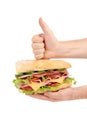 Hand holds french baguette sandwich. Royalty Free Stock Photo