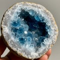 A hand holds a geode revealing its crystalline interior. The outer surface is rugged an Royalty Free Stock Photo