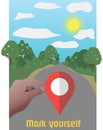 The hand holds the geolocation icon, above the road, and motivates to indicate your coordinates Royalty Free Stock Photo