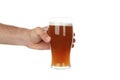 Hand holds glass of beer, isolated on white background Royalty Free Stock Photo