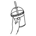 Hand holds a glass with milkshake, coffee, lemonade. Isolated vector illustration on white background doodle hand with glass. Royalty Free Stock Photo