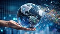 hand holds globe representing world, symbolizing global connection and technology Generative AI Royalty Free Stock Photo