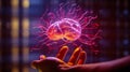 hand holds a glowing floating luminous brain, symbiosis of the human brain with a fungus, superdevelopment man of the future,