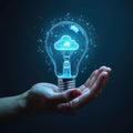 Hand holds glowing light bulb with cloud inside, tech solutions, digital data, innovative ideas. Network visualisation of cloud Royalty Free Stock Photo