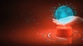 Futuristic Hand Holding Glowing Digital Globe on Futuristic Base with Data Analysis Royalty Free Stock Photo