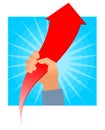 Hand holds growing red arrow graph. Business progress flat concept.