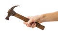 Hand holds hammer simulating blow, isolated Royalty Free Stock Photo