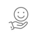 Hand holds happy emoji, good mood line icon. Share positive emotions symbol