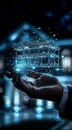 Hand holds hologram image of building