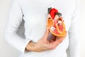 Hand holds human heart model at body