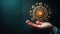 Hand holds interconnected gears effective business management. Intelligent management methods shown by system of gears. Business