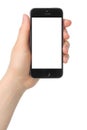 Hand holds iPhone 5s Space Gray on white background Royalty Free Stock Photo