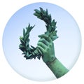 Hand holds a laurel wreath - bronze statue on colored background - Success and fame concept in round icon shape - Photography in a