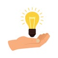 Hand holds the light bulb. The concept of a new idea, insight. Color vector illustration of a flat style. Royalty Free Stock Photo