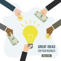 Hand holds lightbulb - new business idea. Investors gives money for potential profit. Great ideas for your business - landing page