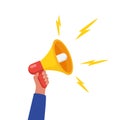 Hand holds loudspeaker. Emergency warning loud template. Protest, warning, rally, action. Vector illustration