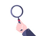 Hand holds magnifying glass flat style design icon sign vector illustration Royalty Free Stock Photo