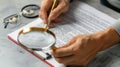 The magnifying glass on document.AI generated image Royalty Free Stock Photo