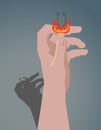 The hand holds matches in fire, flame. Hand drawn vector illustration on a gradient background Royalty Free Stock Photo