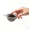 Person holding a metal tea strainer filled with loose leaf tea against a plain white setting here now Royalty Free Stock Photo