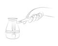 Hand holds metal turk with wooden handle. Turk for brewing coffee. Coffee pot for cooking flavored black Turkish coffee. Sketch