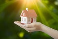 Hand holds miniature house, dreams of home ownership, in grasp Royalty Free Stock Photo