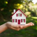 Hand holds miniature house, dreams of home ownership, in grasp Royalty Free Stock Photo