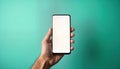 Hand holds mobile phone with blank white screen displaying mobile banking app interface. Person looks at phone showing mobile