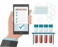 Hand holds mobile phone with medical app. Test tubes with blood test. Royalty Free Stock Photo