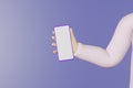 Hand holds mobile phone purple background 3d rendering. Smartphone screen mockup Blank gadget display advertising design