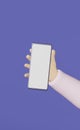 Hand holds mobile phone purple background 3d rendering. Smartphone screen mockup Blank gadget display advertising design