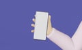 Hand holds mobile phone purple background 3d rendering. Smartphone screen mockup Blank gadget display advertising design