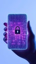 Hand holds mobile phone with tech security lock. Mobile data protection tech image. Advanced security system for mobile tech.