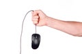 Hand holds mouse over wire on white background