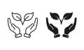 Hand Holds Organic Leaf Line and Silhouette Icon Set. Germinating Eco-Agriculture Pictogram. Cultivation Greenery