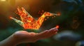 A hand holds an origami crane made of circuitry and binary code, exemplifying data's elegance and reality-shaping