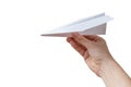 Hand holds origami paper airplane. Isolated on white background Royalty Free Stock Photo
