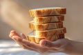 A hand holds out a stack of slices of freshly baked gluten-free bread