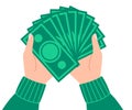 Hand holds paper cash. Money or rich man. Payment, transaction, tax, income concept. Business vector illustration