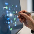 A hand holds a pen near a computer screen displaying a digital flowchart Royalty Free Stock Photo