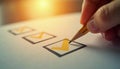 Hand holds pencil marking checkboxes. Person completes survey form. Yellow checkmarks indicate choices. Business document. Task