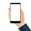 Hand holds phone with empty screen. Cartoon mobile mockup with blank touchscreen on isolated background. Flat cellphone icon for