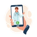 Hand holds a phone with a with a female doctorÃ¢â¬â¢s contact. Online consultation doctor concept. Safety home and quarantine concept