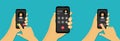 Hand holds a phone with an incoming call. Received incoming call interface in cartoon style