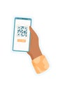 Sticker of Hand Holds Phone with QR Code Royalty Free Stock Photo