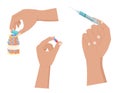 Hand holds pill and syringe, open pills bottle icons