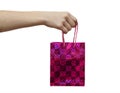 The hand holds a pink gift bag on a white background. Insulated Royalty Free Stock Photo