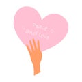 The hand holds the pink heart. Peace and love. No war concept. Unity, freedom and world peace. Vector Royalty Free Stock Photo